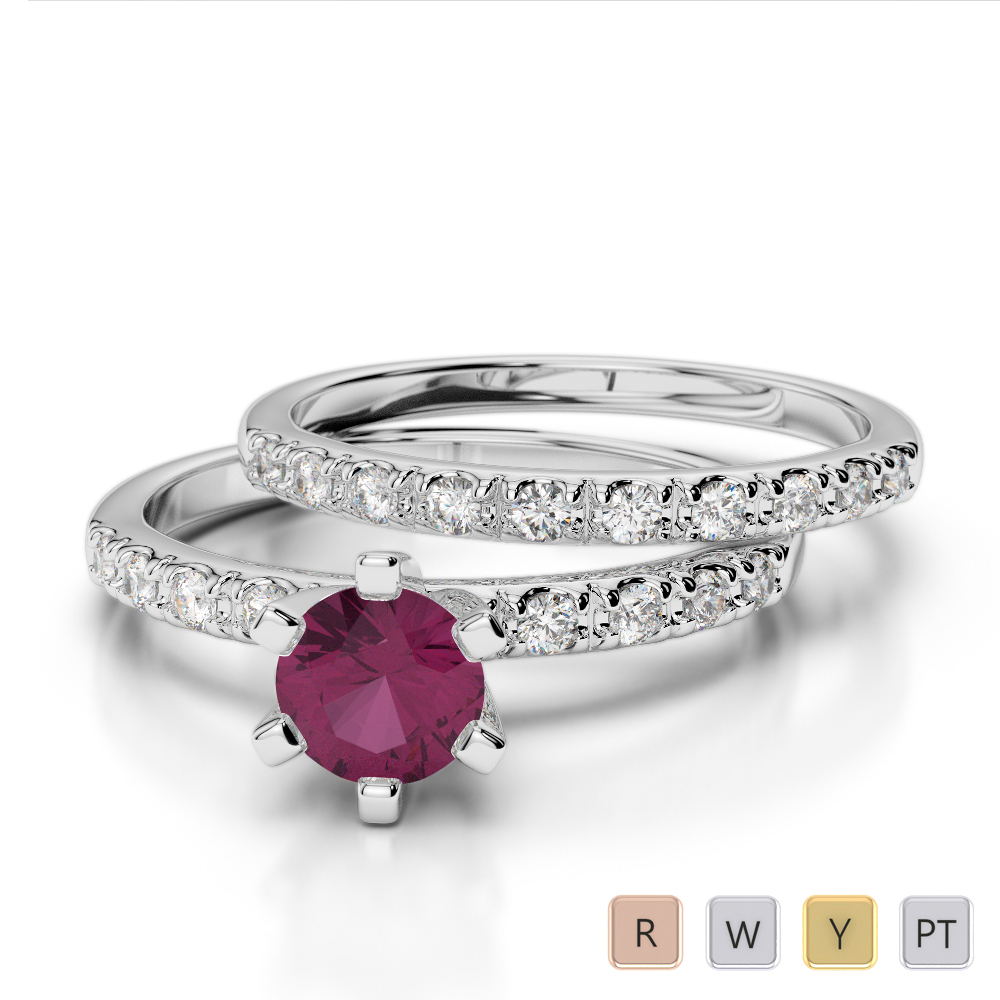 Round Cut Ruby Bridal Set Ring With Diamond 0304