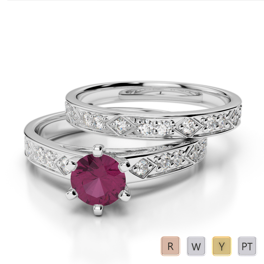 Round Cut Ruby Bridal Set With Diamond Ring 0306