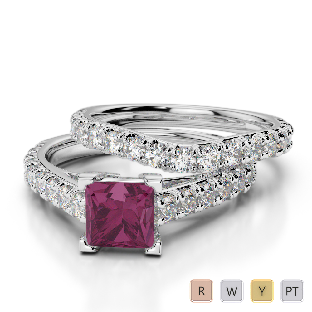 Princess Cut Ruby & Round Diamond Bridal Set Ring 0327