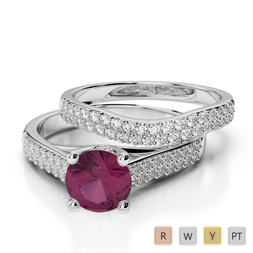 Double Row Prong Set Bridal Set Ring With Diamond & Ruby 0346