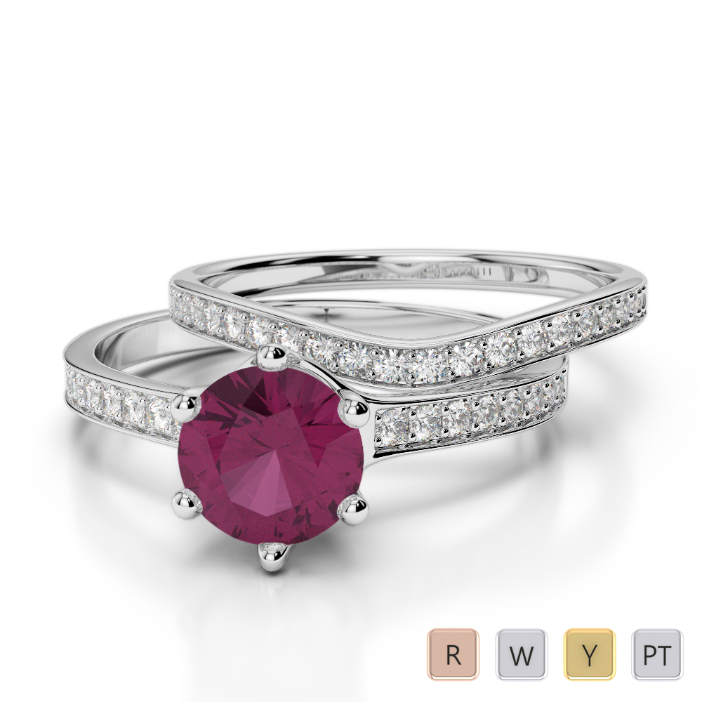 Round Cut Bridal Set Ring With Diamond & Ruby 0348