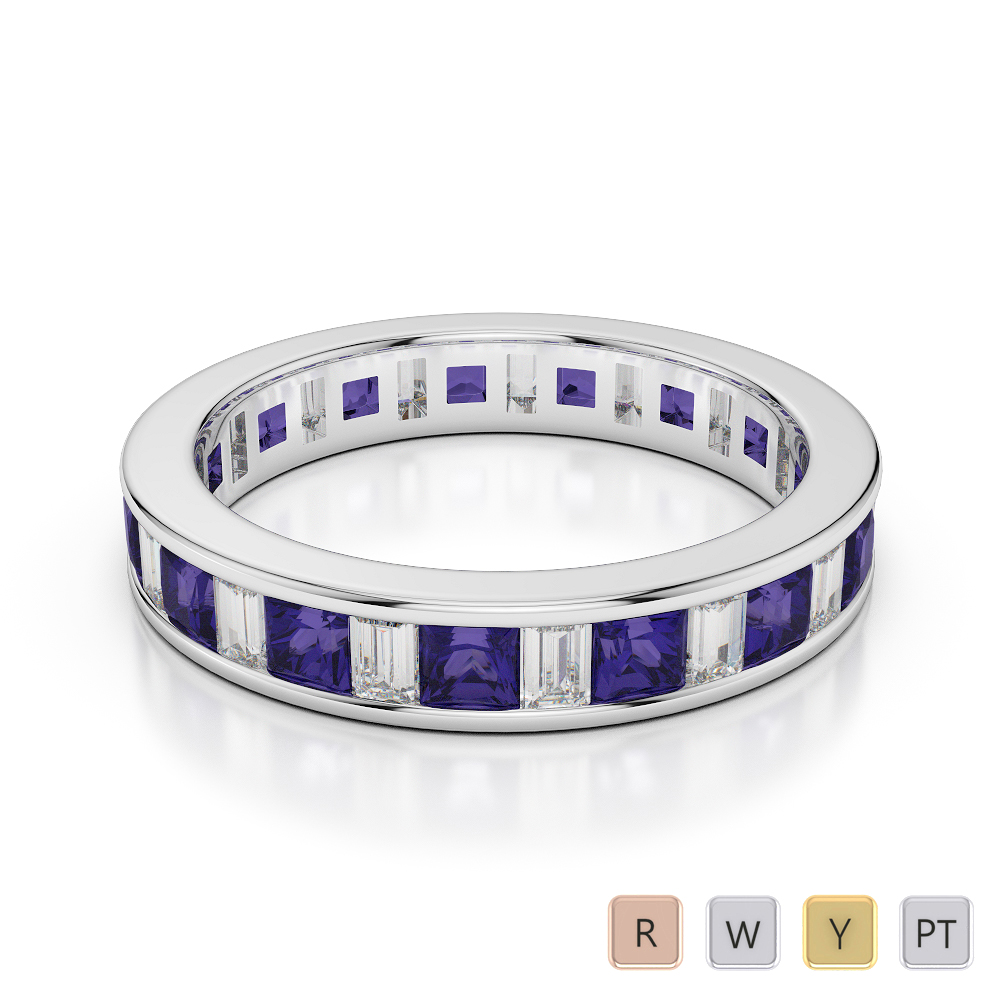 4 MM Princess Tanzanite & Baguette Cut Diamond Full Eternity Ring 0419