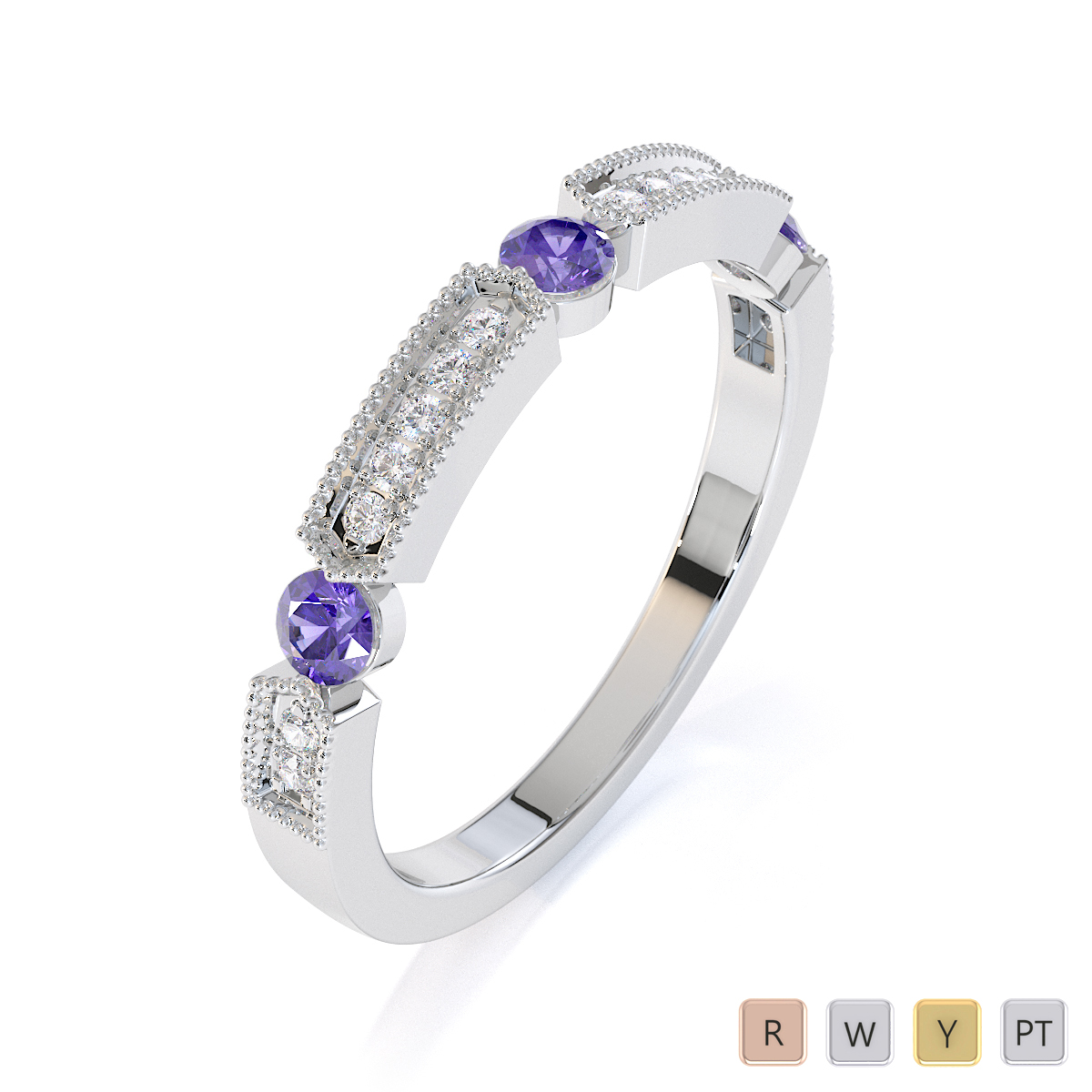 Milgrain Round Cut Diamond and Tanzanite Half Eternity Ring 0425