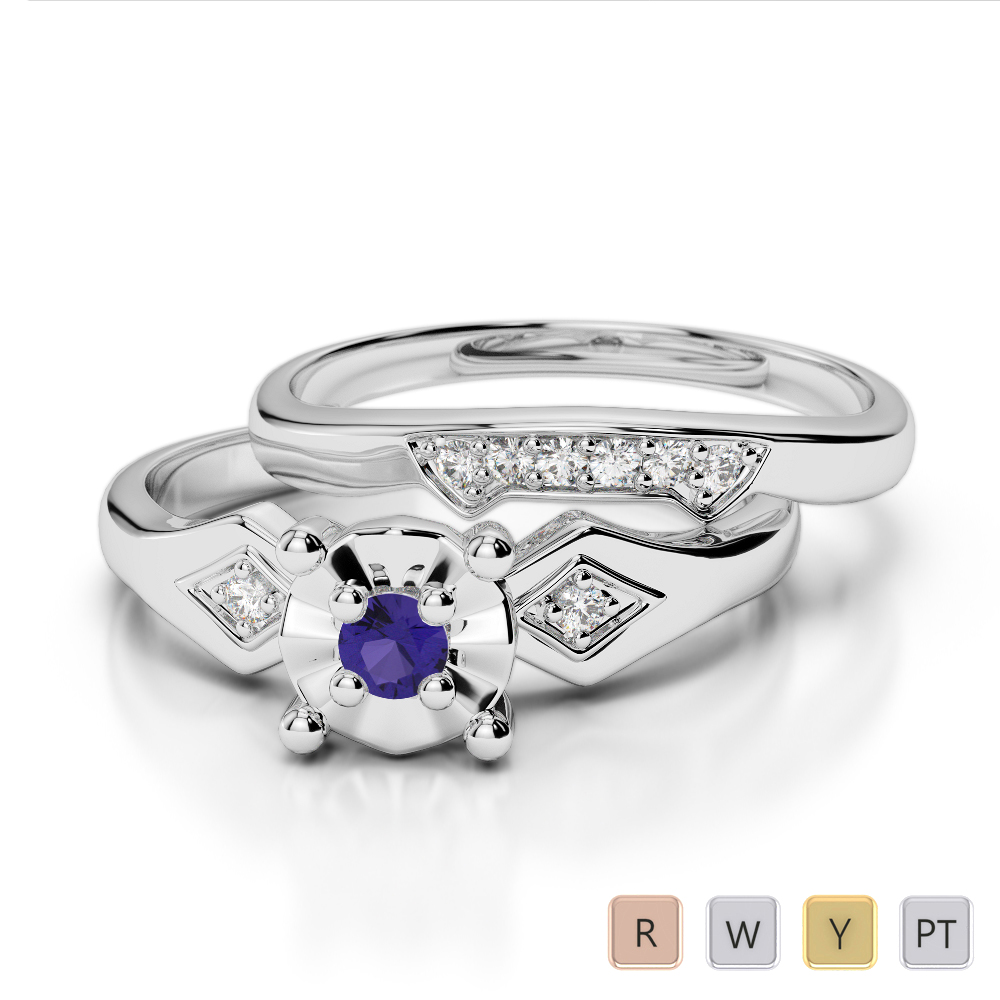 9 Stone Round Cut Tanzanite and Diamond Bridal Set Ring 0297