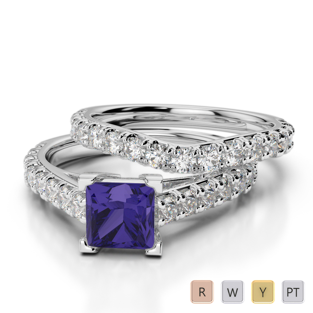 Princess Cut Tanzanite & Round Diamond Bridal Set Ring 0327