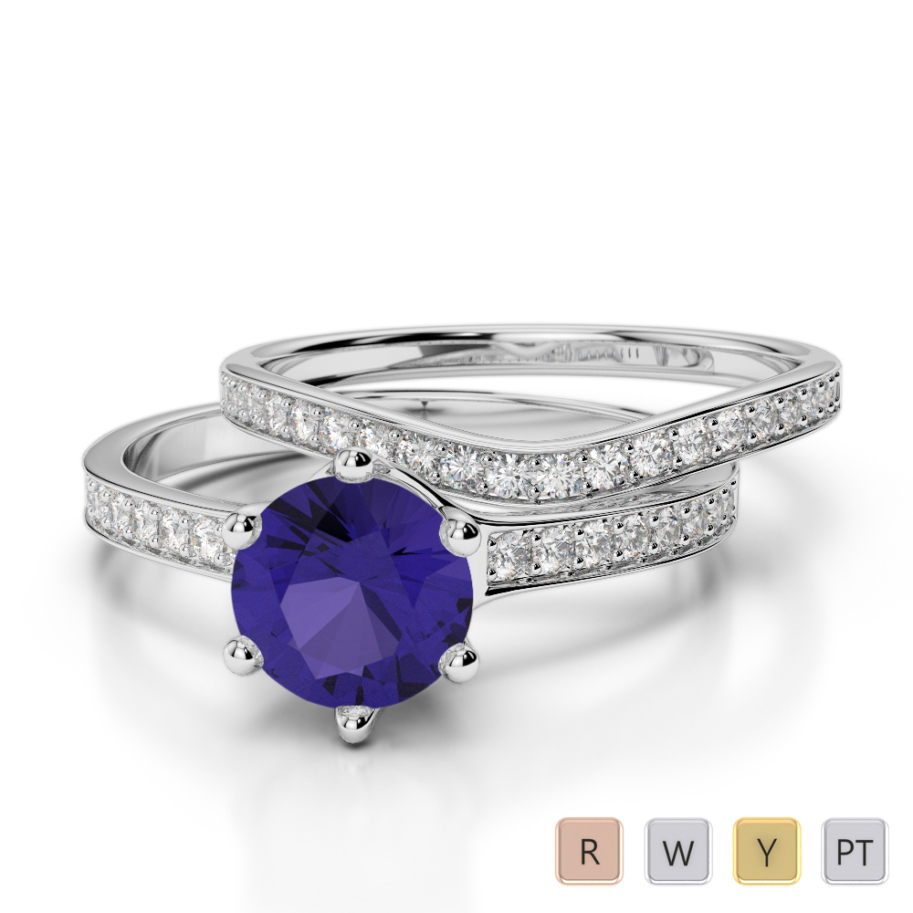 Round Cut Bridal Set Ring With Diamond & Tanzanite 0348