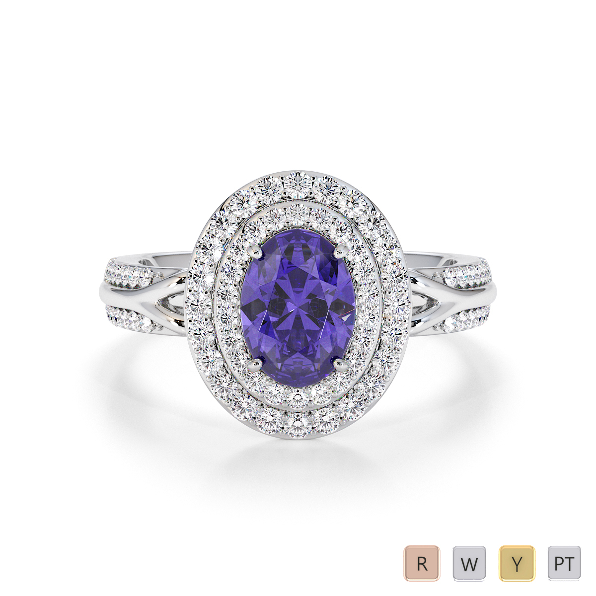 Round Cut Diamond & Oval Shape Tanzanite Engagement Ring 0778