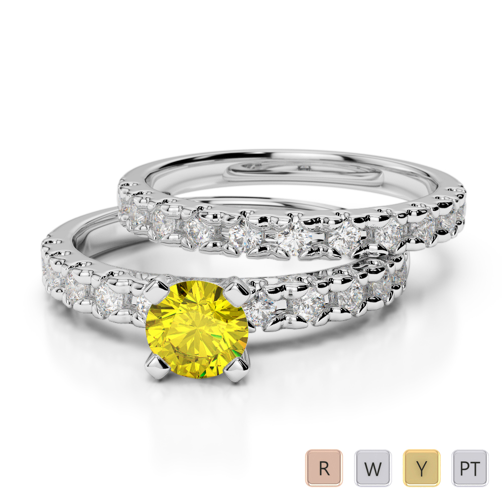 Round Cut Bridal Set Ring With Diamond and Yellow Sapphire 0299