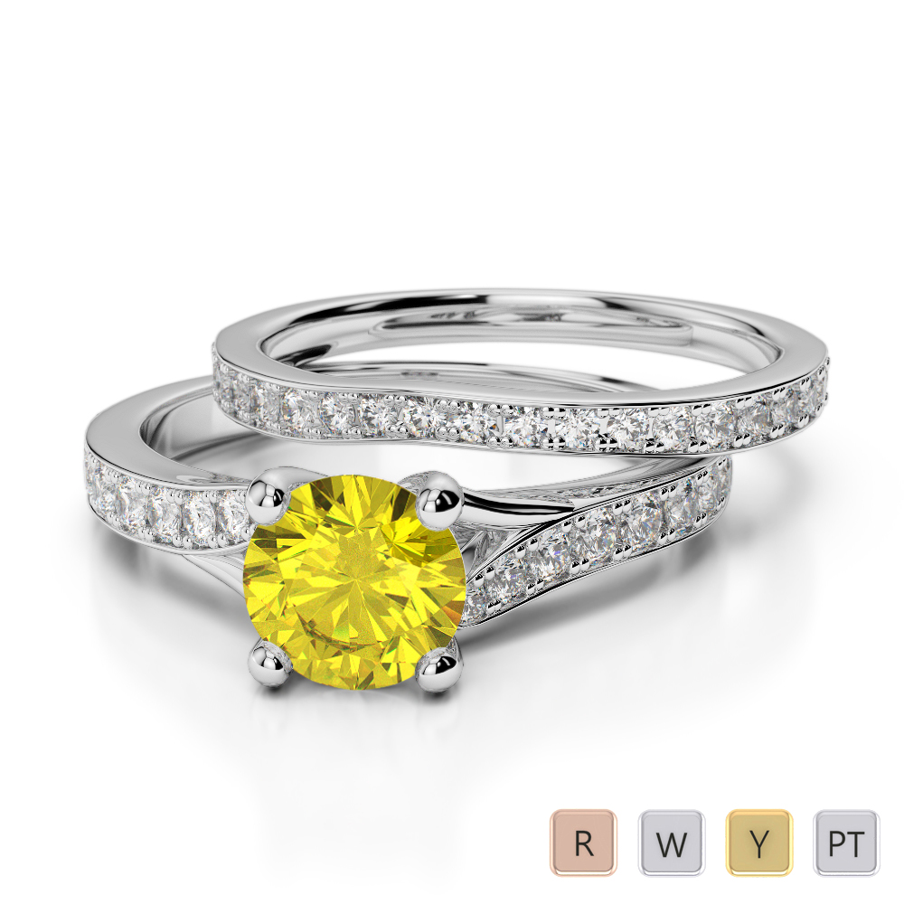 Round Cut Diamond & Yellow Sapphire Bridal Set Ring 0329