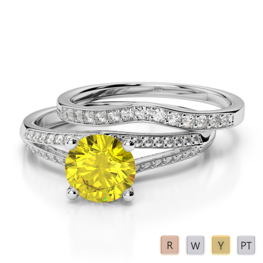 Four Claw Set Yellow Sapphire Bridal Set Ring With Diamond 0342