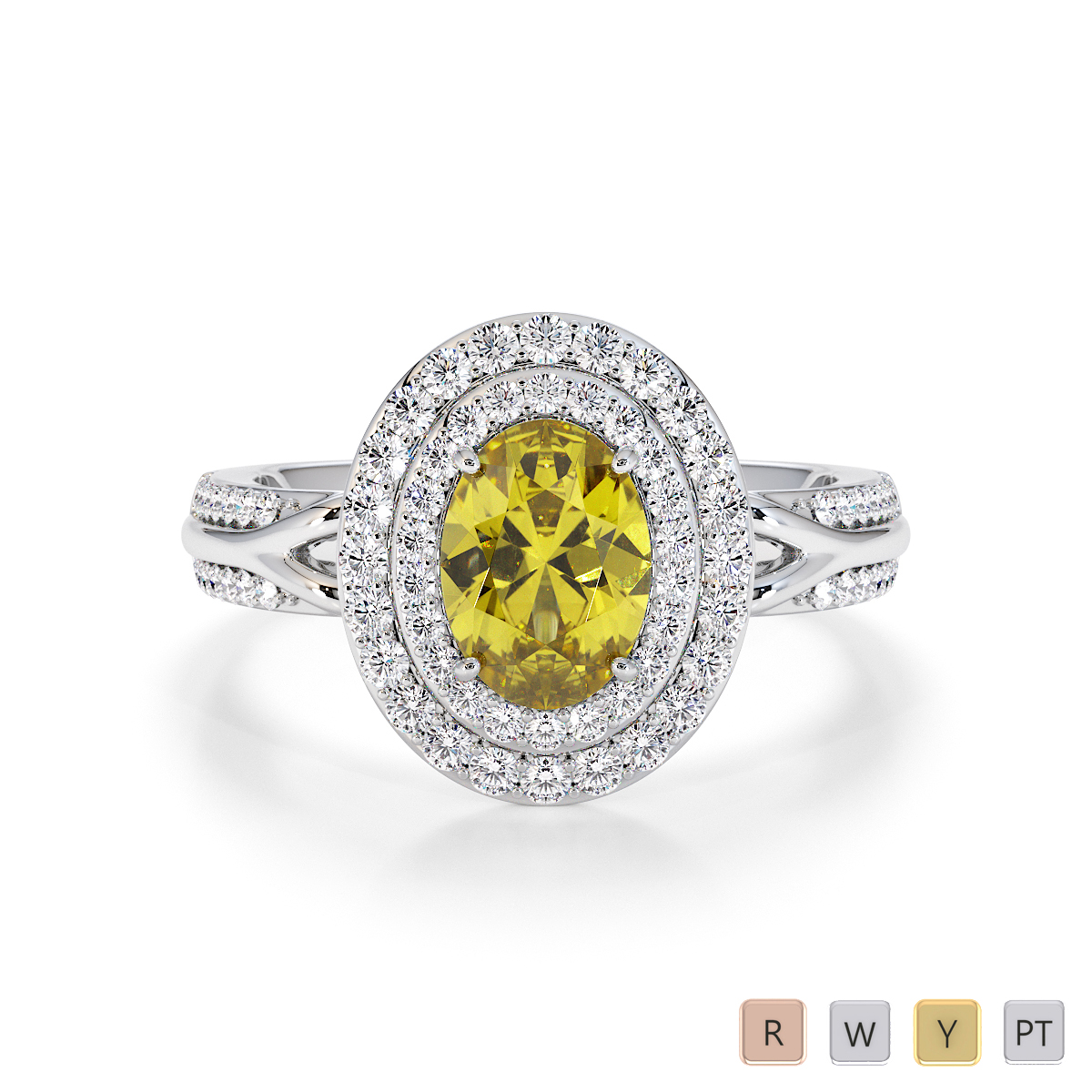 Round Cut Diamond & Oval Shape Yellow Sapphire Engagement Ring 0778
