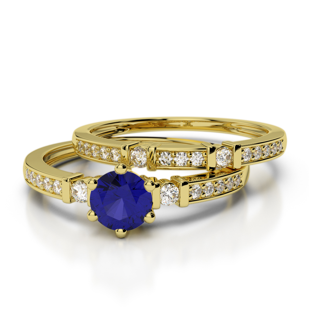 Bar and Prong Set Blue Sapphire & Diamond Bridal Set Ring 0305