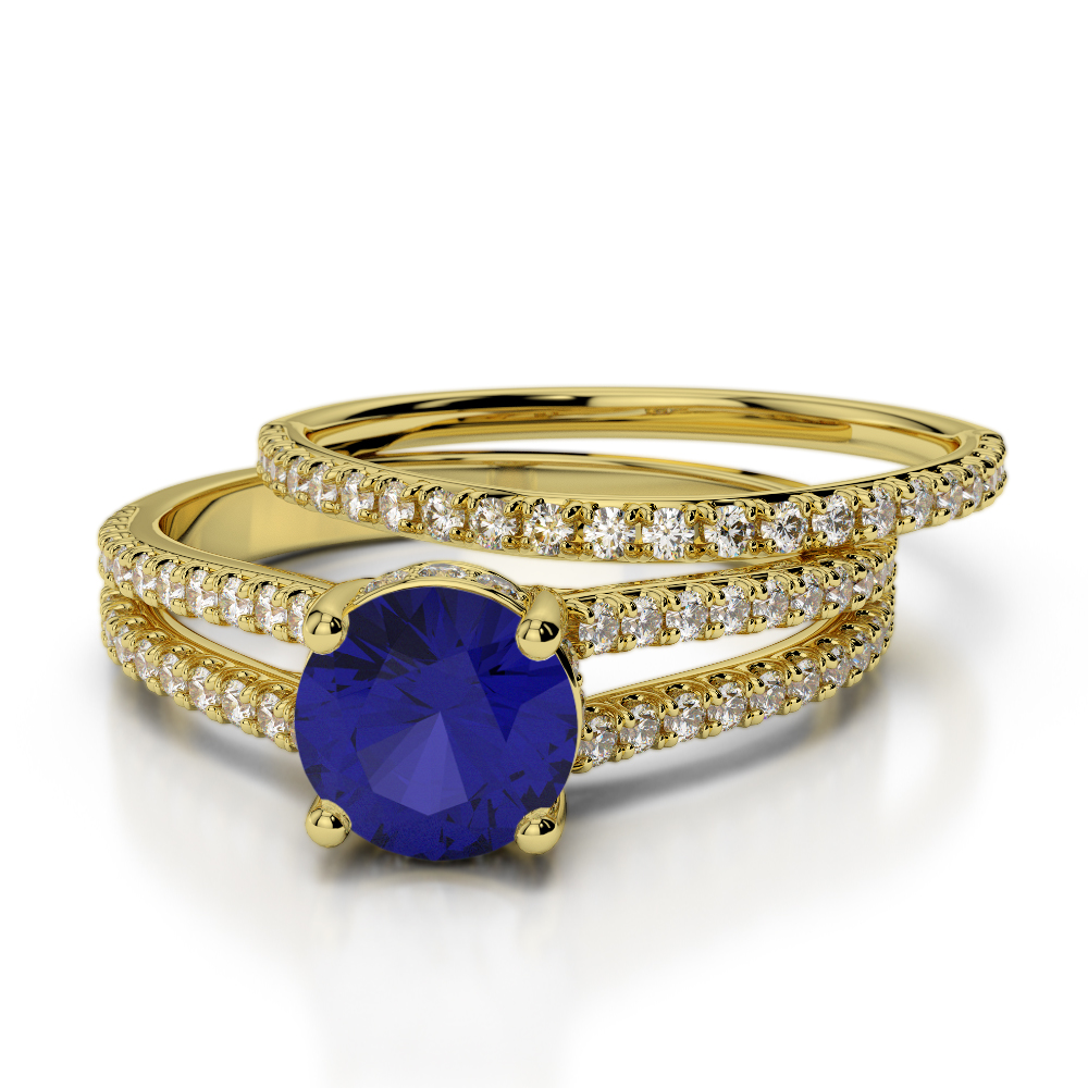 Prong Set Bridal Set Ring With Blue Sapphire and Diamond 0341