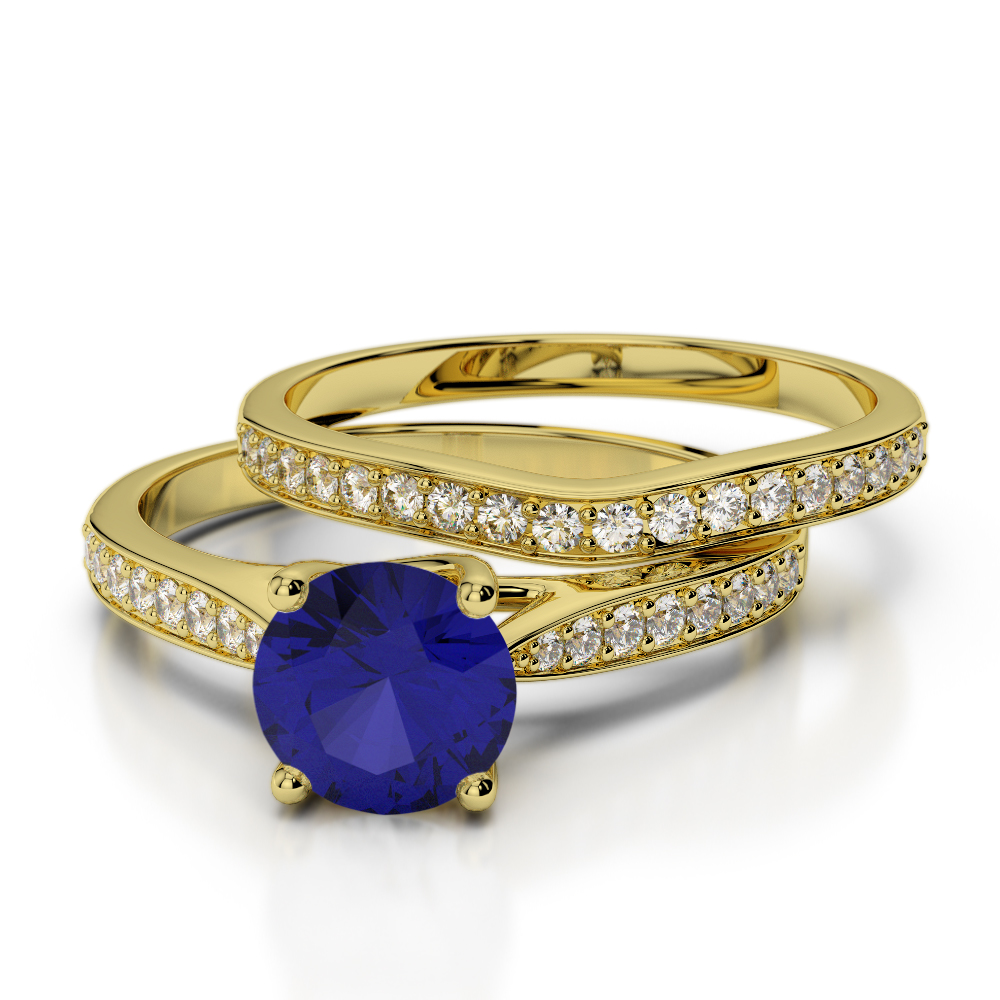 Round Cut Bridal Set Ring With Blue Sapphire and Diamond 0350