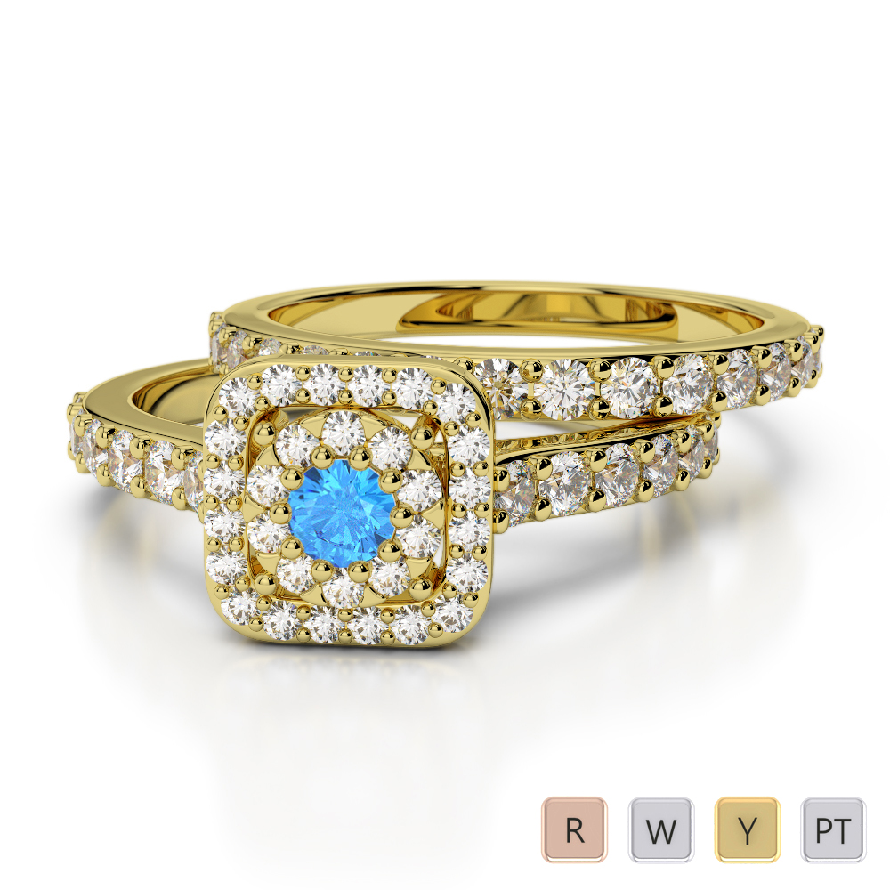 Round Cut Blue Topaz and Diamond Bridal Set Ring 0322