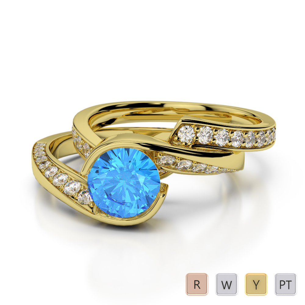 Bezel Set Blue Topaz and Prong Set Diamond Bridal Set Ring 0333