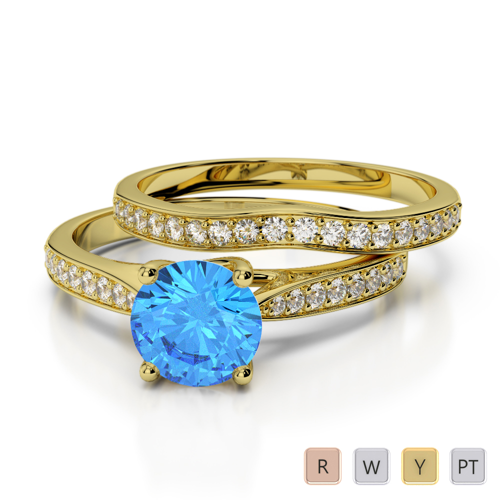 Round Cut Bridal Set Ring With Blue Topaz and Diamond 0350