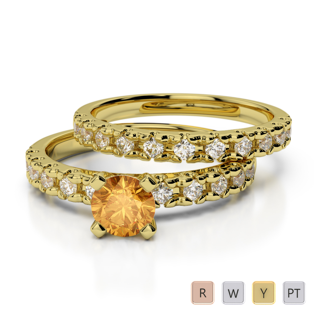Round Cut Bridal Set Ring With Diamond and Citrine 0299