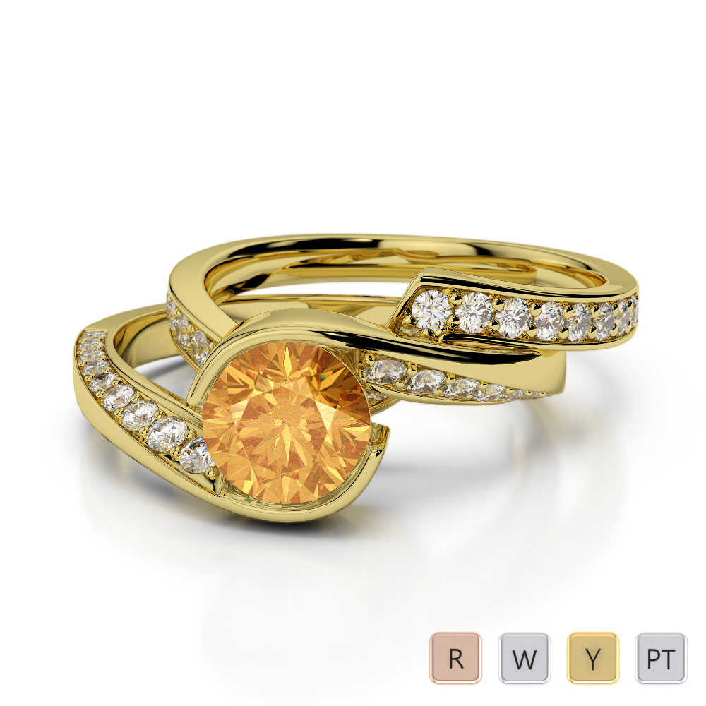 Bezel Set Citrine and Prong Set Diamond Bridal Set Ring 0333