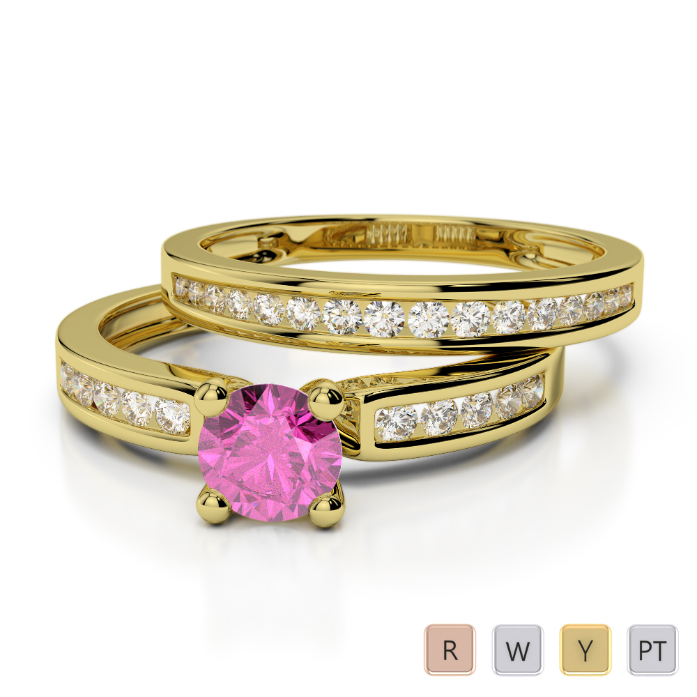 Channel Diamond & Prong Set Pink Sapphire Bridal Set Ring 0312