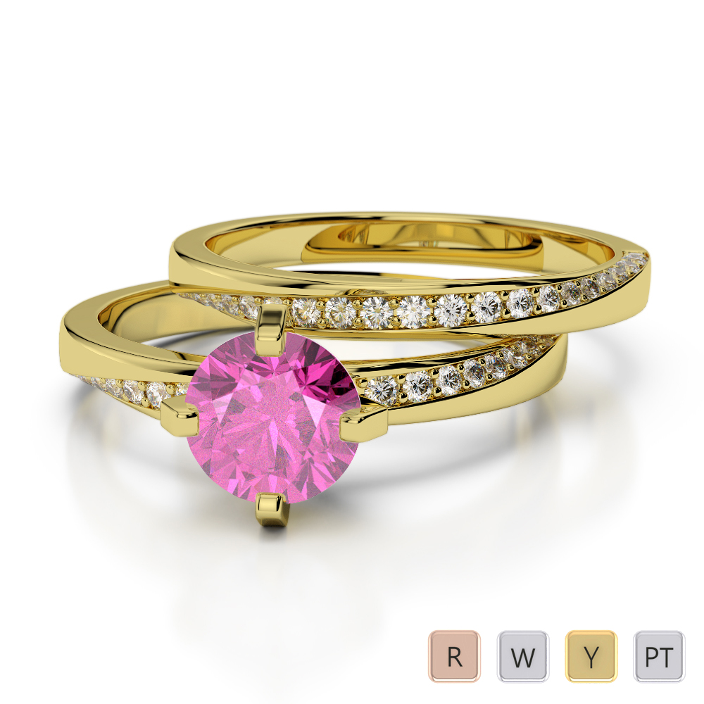 Four Prong Set Pink Sapphire Bridal Set Ring With Diamond 0324