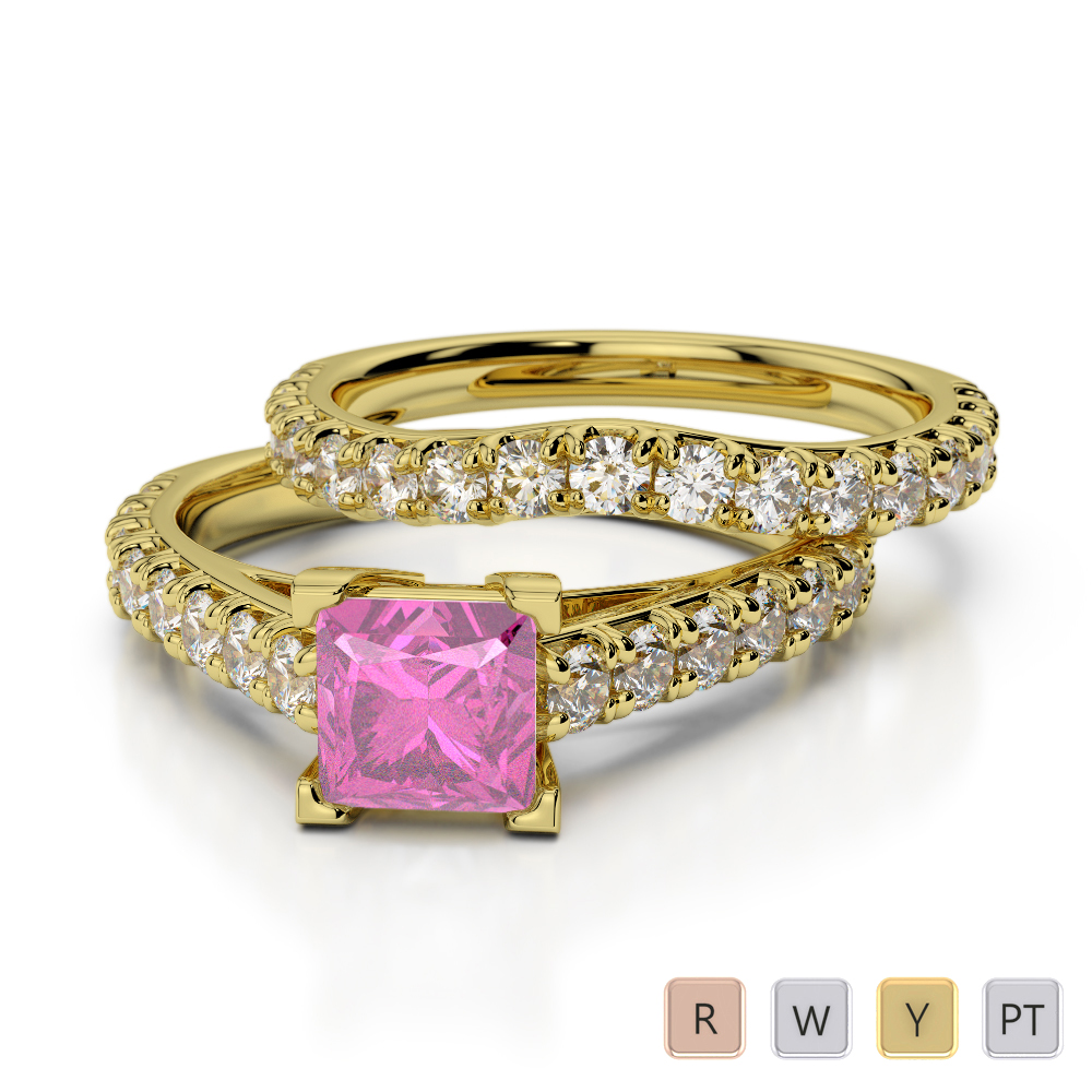 Princess Cut Pink Sapphire & Round Diamond Bridal Set Ring 0327