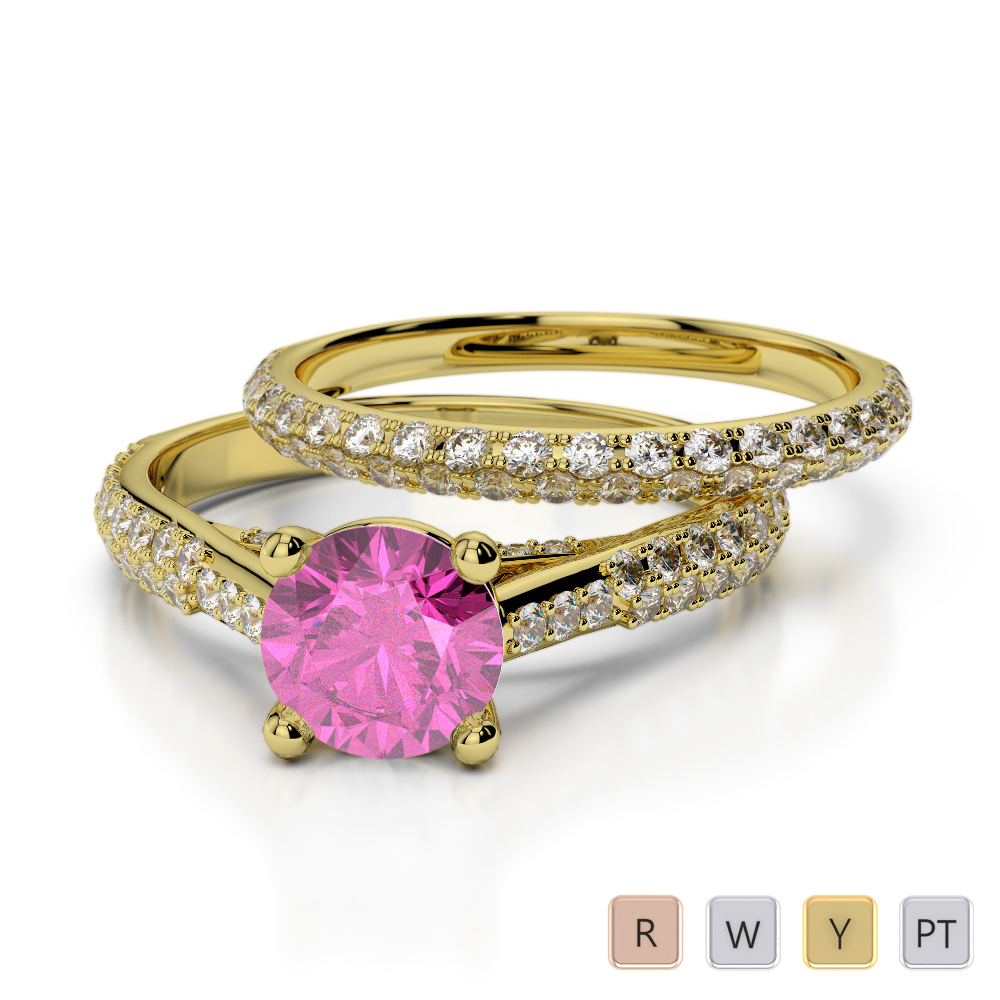 Prong Set Diamond and Pink Sapphire Bridal Set Ring 0330