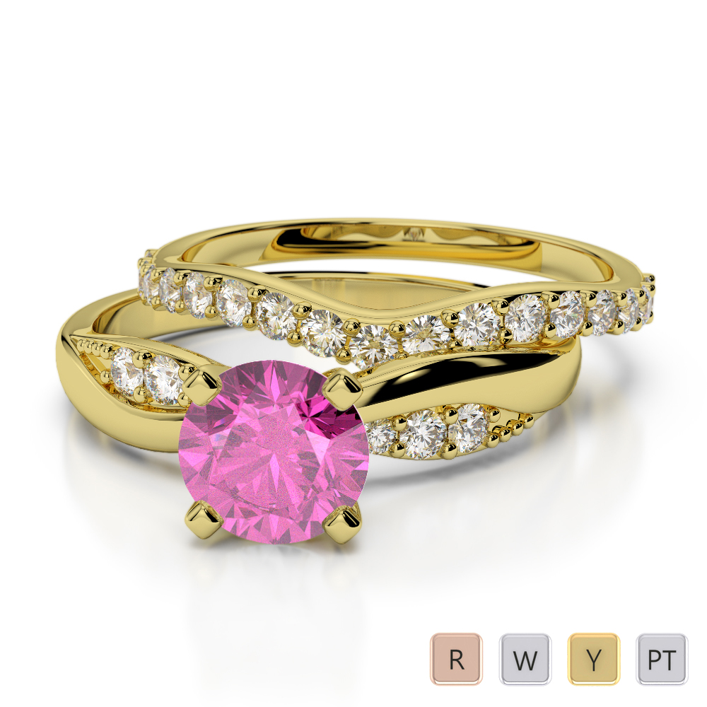 4 Prong Set Pink Sapphire & Diamond Bridal Set Ring 0335