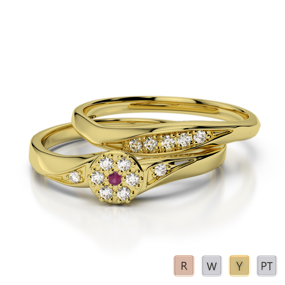 14 Stone Round Cut Diamond & Ruby Bridal Set Ring 0296