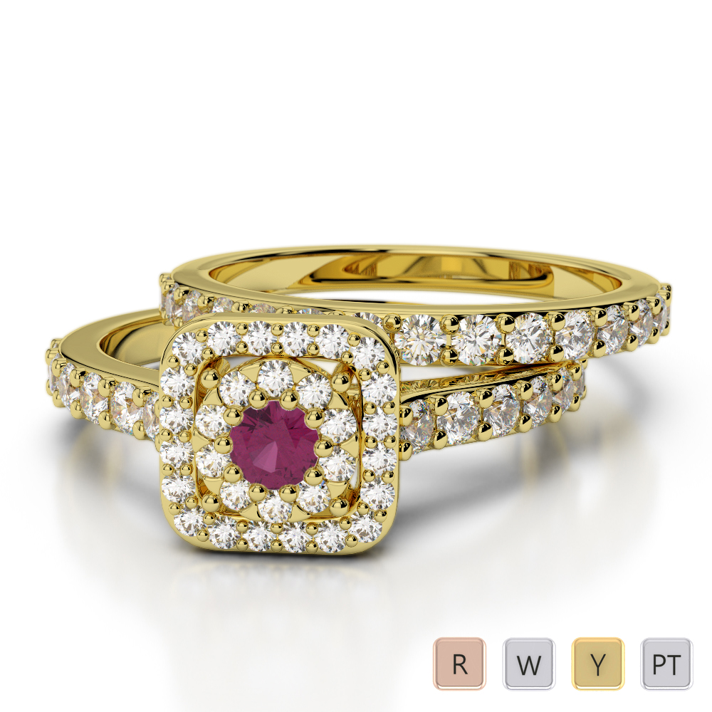 Round Cut Ruby and Diamond Bridal Set Ring 0322