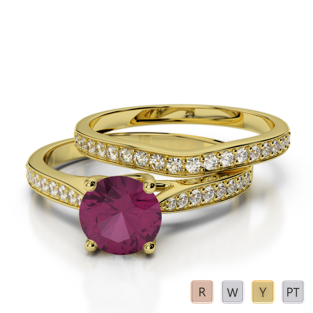 Round Cut Bridal Set Ring With Ruby and Diamond 0350