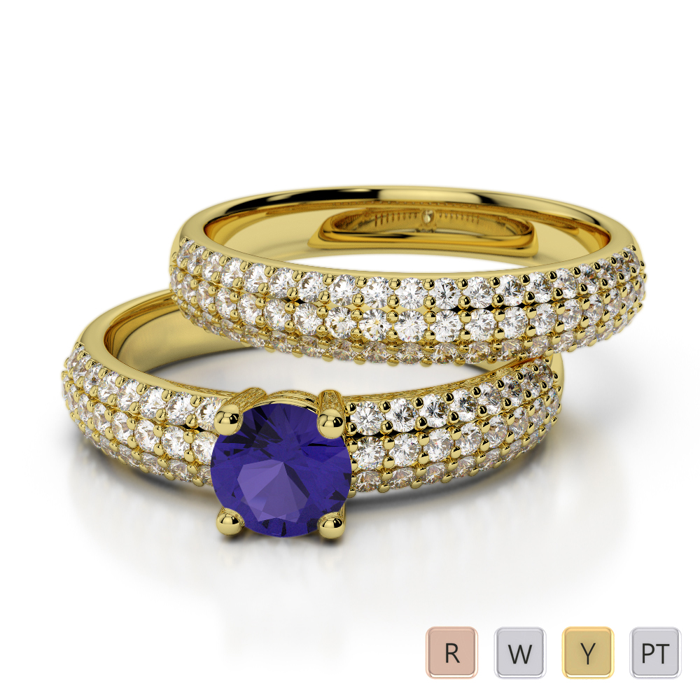 Triple Row Round Cut Tanzanite and Diamond Bridal Set Ring 0307