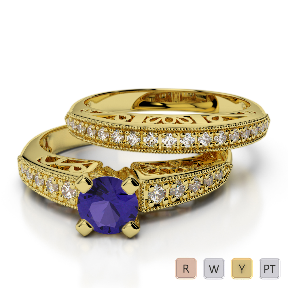 Milgrain Prong Set Diamond and Tanzanite Bridal Set Ring 0315