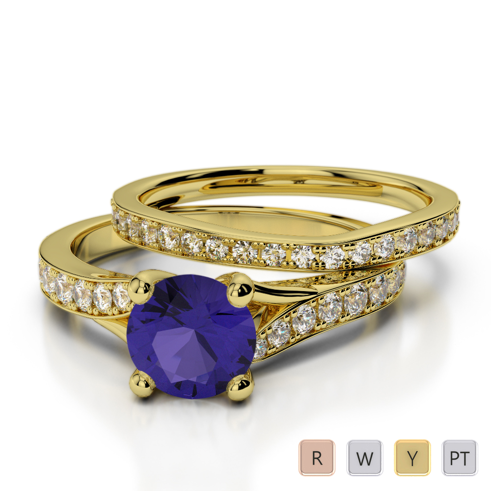 Round Cut Diamond & Tanzanite Bridal Set Ring 0329