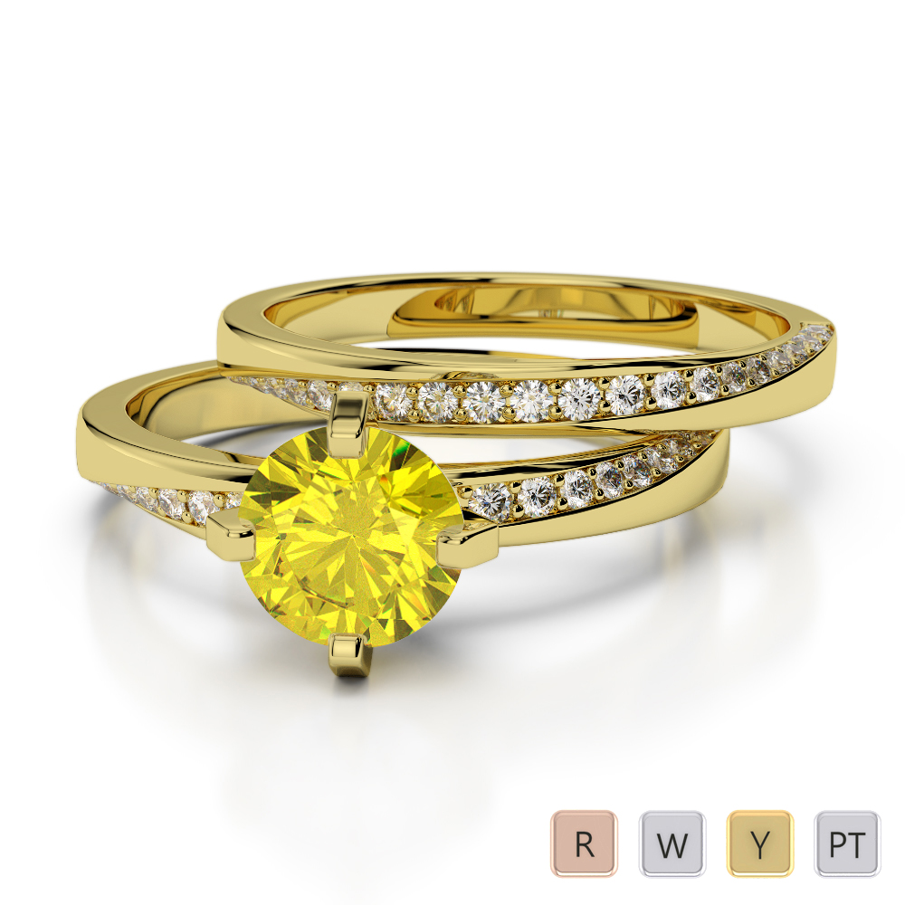 Four Prong Set Yellow Sapphire Bridal Set Ring With Diamond 0324