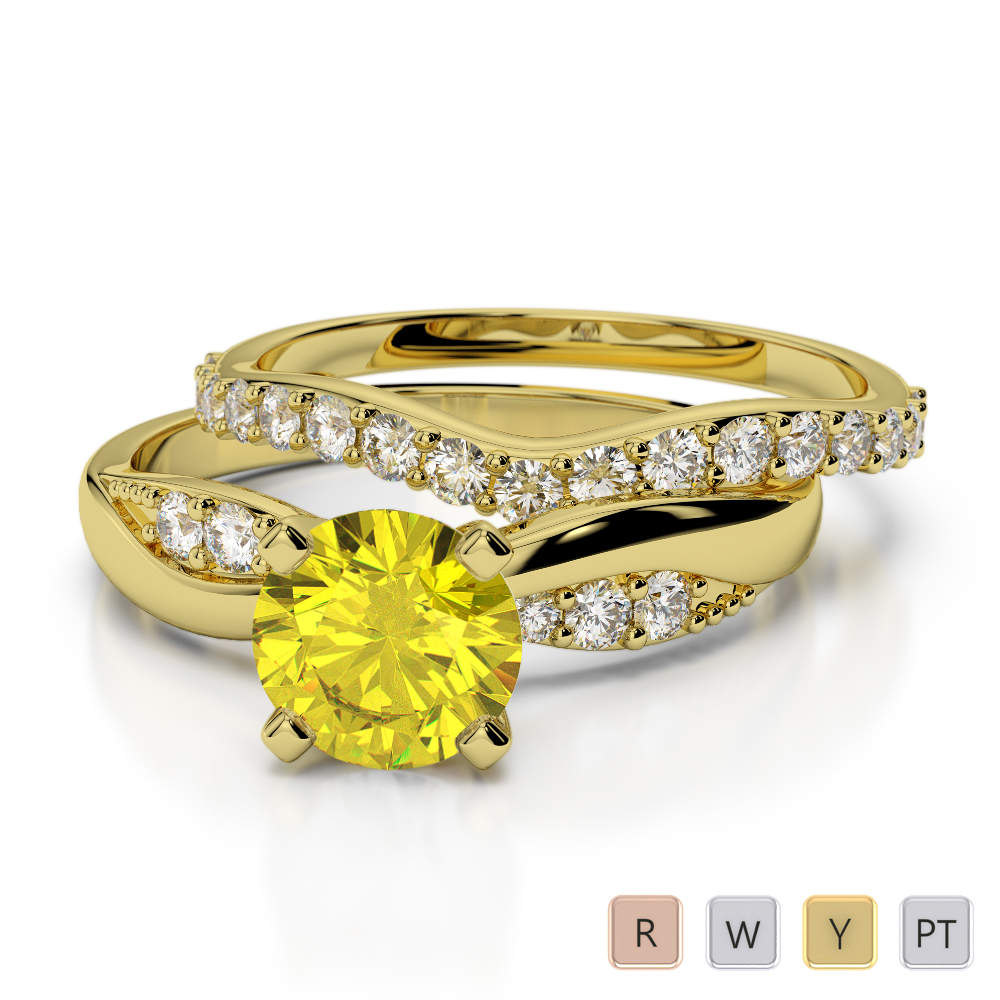 4 Prong Set Yellow Sapphire & Diamond Bridal Set Ring 0335
